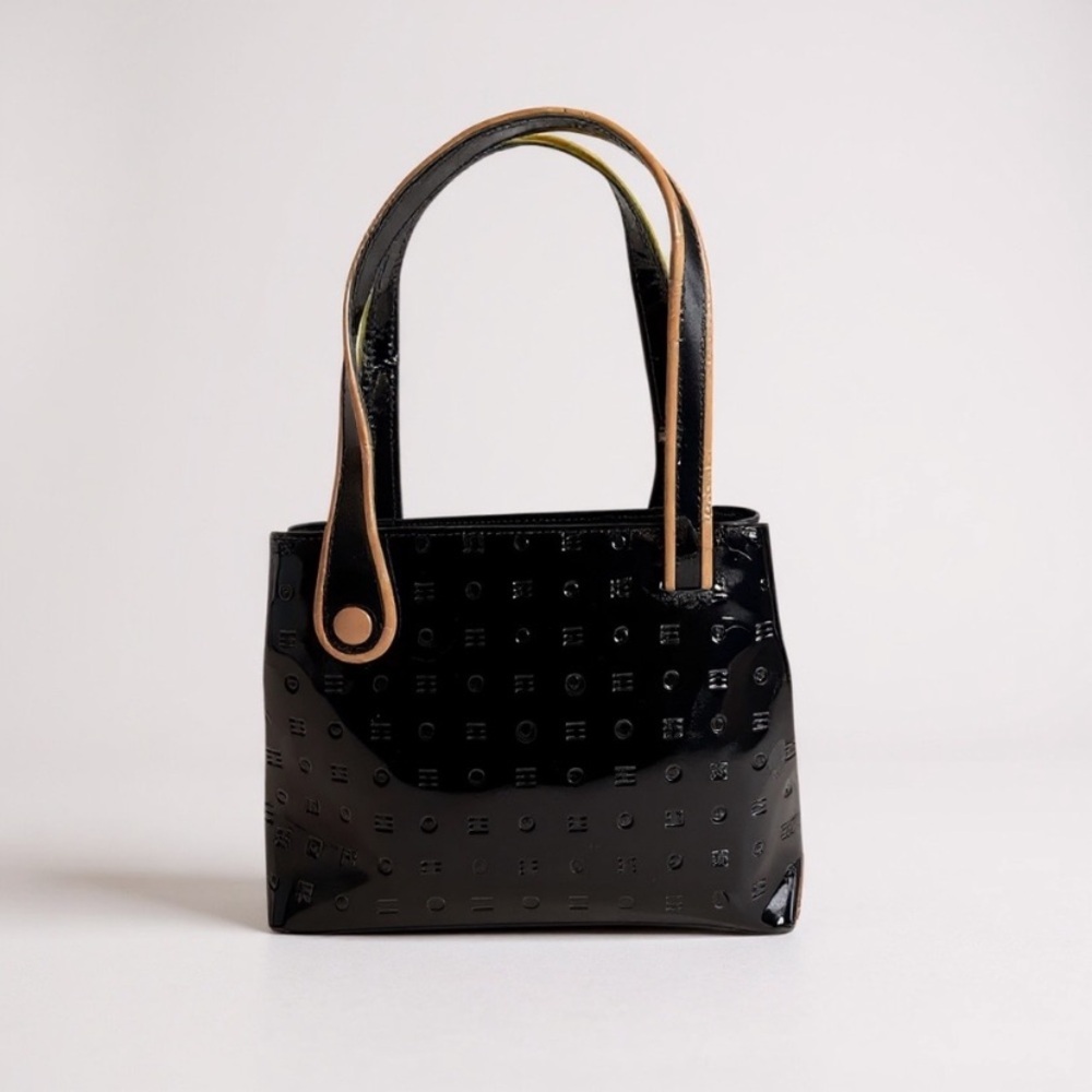 Arcadia Glossy Black Shoulder Bag with Tan Trim